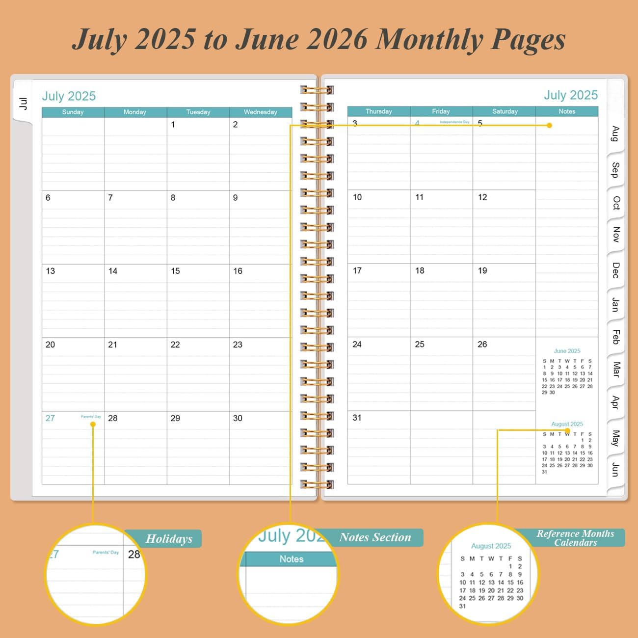 2025-2026 Planner - Academic Planner 2025-2026 from July 2025 - June 2026, Weekly & Monthly Planners Spiral Bound with 12 Monthly Tabs, Inner Pocket, 6.4" x 8.5", Rose Flower