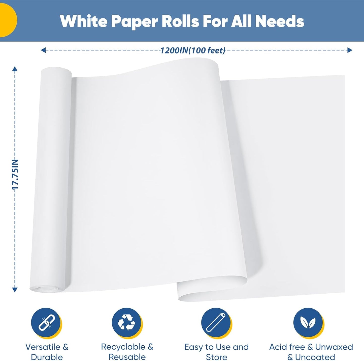 Art Paper Roll for Crafts, Drawing & Painting, 17.75"x1200" (100') White Gift Wrapping Craft Kraft Bulletin Board Poster Banner Coloring Paper, Kids Art Supplies, Wedding Floral Supplies 80GSM 55LB