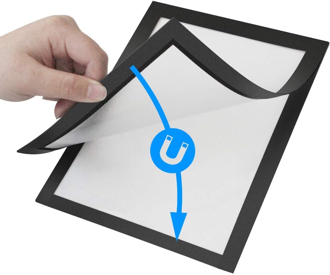 Document Sign Holder Pockets with Magnetic Back, Plastic Poster Picture Notice Display Frame for Fridge/Whiteboard/Chalkboard/Cabinet, 8.5 x 11.6 Inches, Black, 12 Pcs