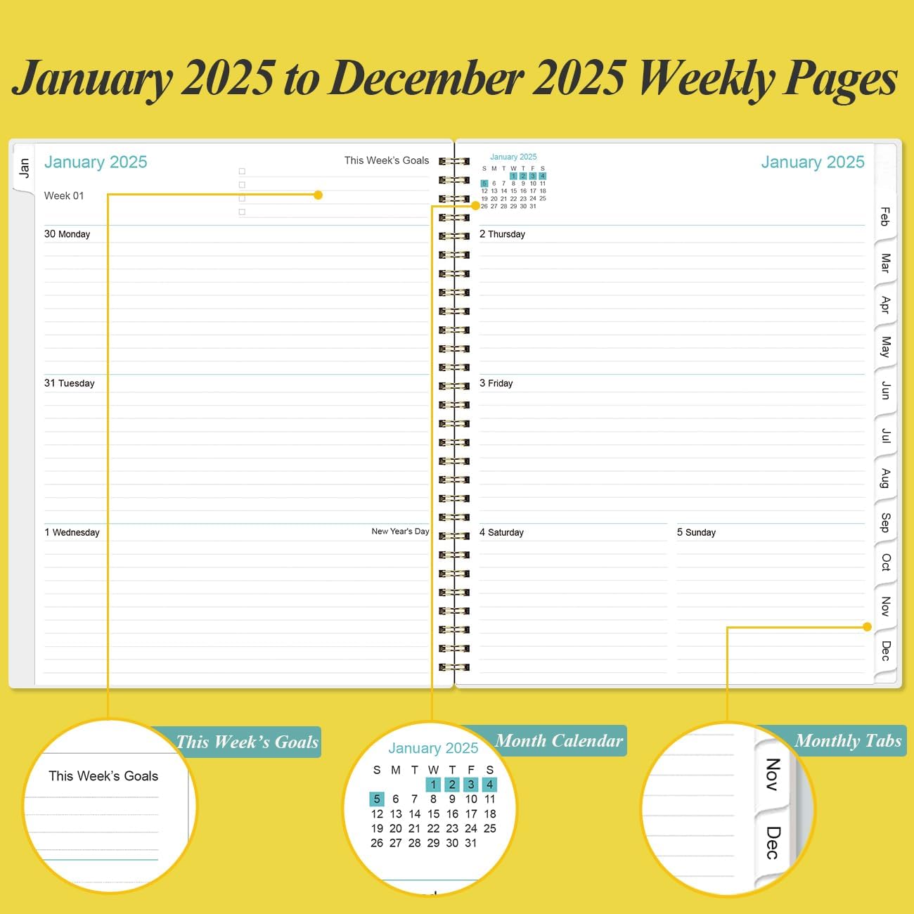 2025 Planner - Planner 2025 from January 2025 to December 2025 with 12 Monthly Tabs, Flexible Cover, Inner Pocket, 8.5" x 11", Yellow