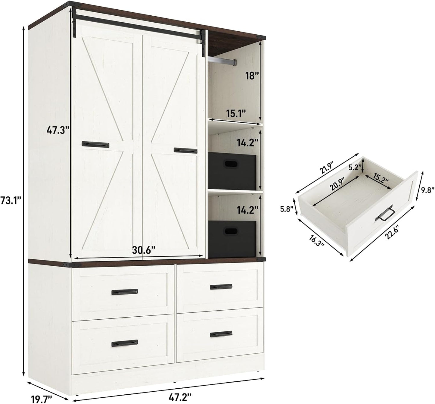 Farmhouse 3 Doors Armoire Wardrobe Closet w/Folding Sliding Barn Door and Lights, LED Armoire Closet w/Drawers for Bedroom, Freestanding Wooden Wardrobe Storage Closets w/Hanging Rod,Antique White