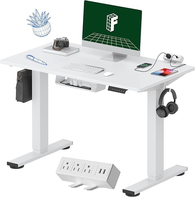 FLEXISPOT EN2 Whole-Piece Standing Desk with Clamp Power Strip, 40 x 24 Electric Stand Up Height Adjustable Desk with Cable Management (White Frame + 40" White Top)