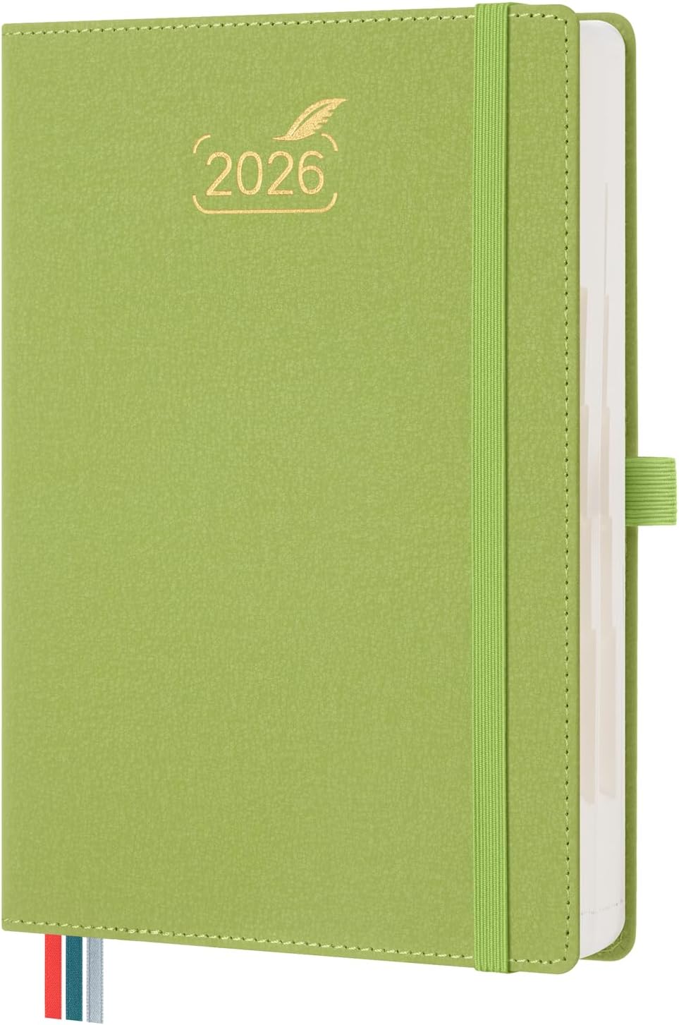 BEZEND Daily Planner 2026 (6" x 8.5") Full Page per Day Even Weekend (Jan-Dec) Monthly Calendar with Tabs, 2 Columns for Dual Schedule with Note, Vegan Leather Hardcover in Fruit Green