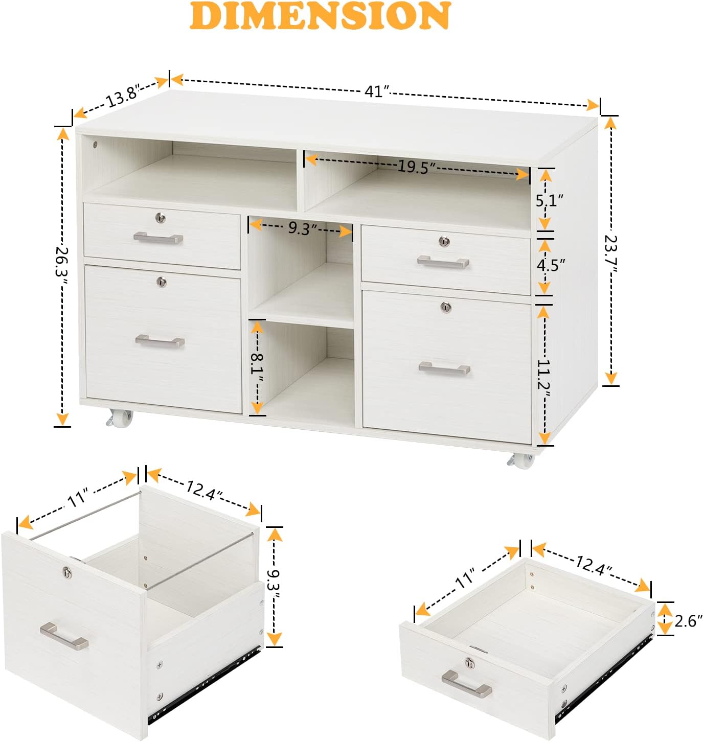 VINGLI Wood Mobile File Cabinet with 4 Drawers and Shelves, Printer Stand with Open Storage, Lockable Lateral Filing Cabinet for Home Office, Assembly Required, Light Beige Close to White
