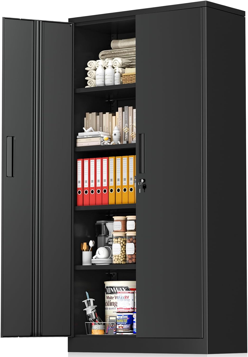 Greenvelly Metal Storage Cabinet with Lock, 72” Black Garage Storage Cabinet with Doors and Shelves, Tall Lockable File &Tool Cabinet for Home Office, Metal Classroom Cabinet Basement