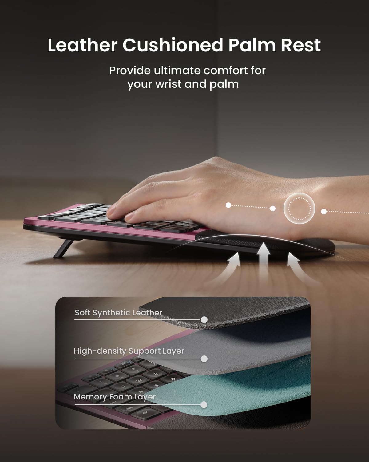 ProtoArc Ergonomic Wireless Keyboard Mouse, EKM01 Plus Full Size Ergo Bluetooth Keyboard Mouse Combo, Split Design, Wrist Rest, Multi-Device, Rechargeable, for Windows/Mac OS - Wine Red