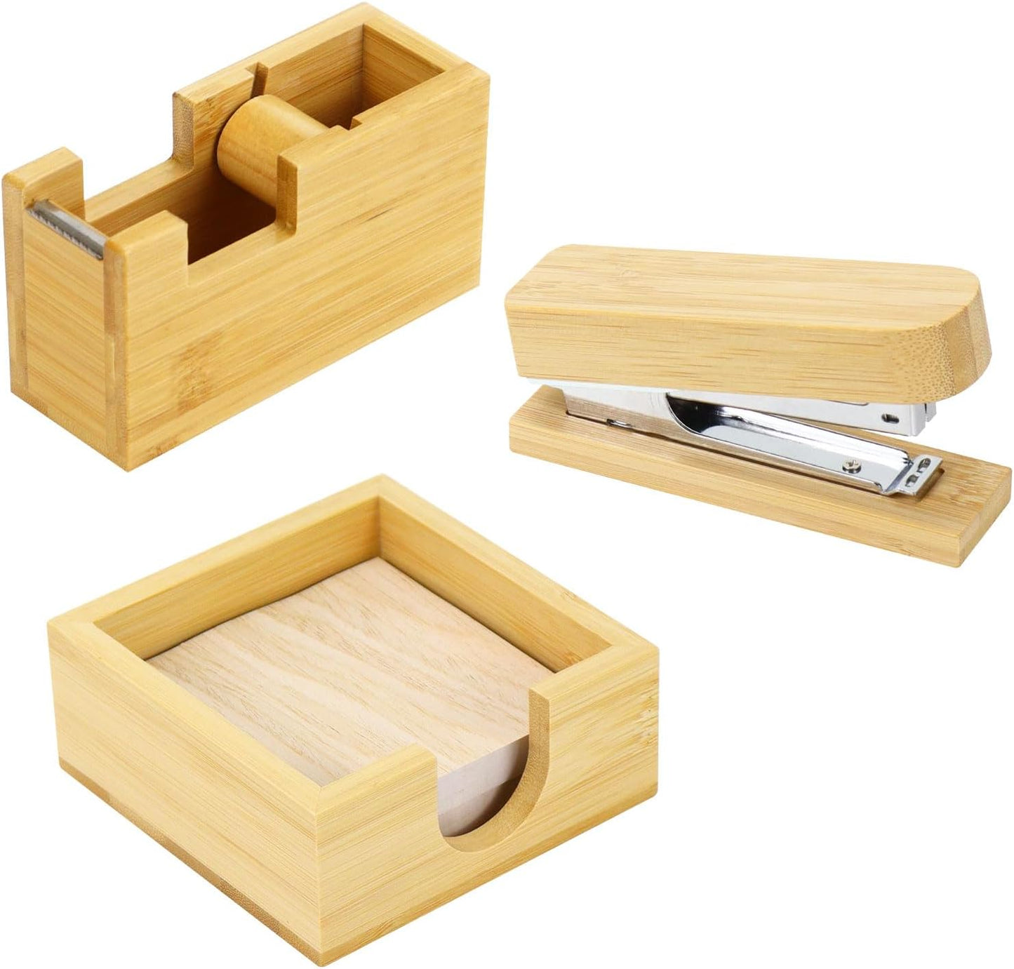 Buqoo Bamboo Office Supplies Desk Organizers, Wood Sticky Notes Holder Tape Dispenser Cutter Wooden Stapler for Office Home School