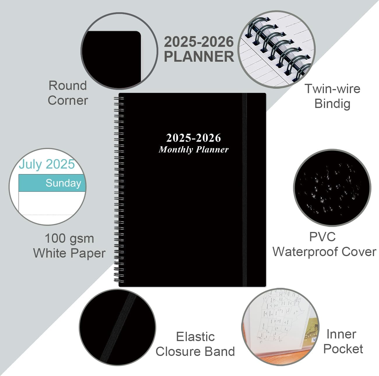 2025-2026 Monthly Planner - 18 Monthly Calendar, July 2025 - December 2026, Two Pages Per Month, 9" x11" Planner with Tabs, Strong Twin-Wire Binding, Inner Pocket, Black