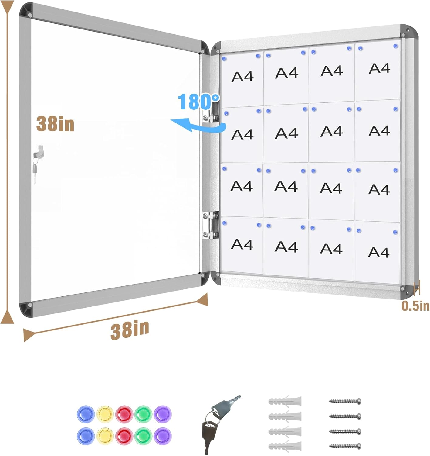 38"x38" Enclosed Bulletin Board, Lockable Weather-Resistant Aluminum Noticeboard for School & Office, Silver Frame w/Magentic Whiteboard