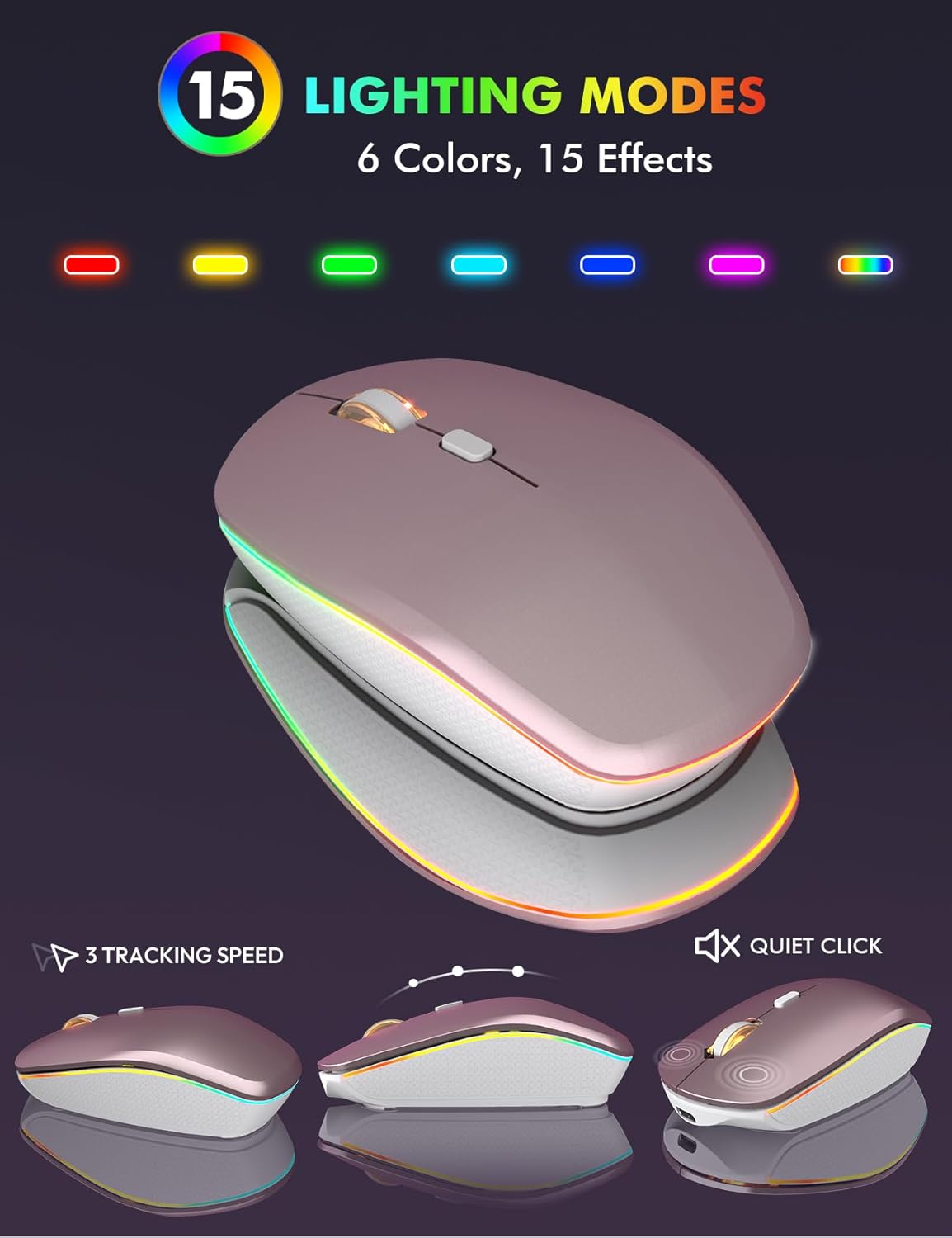 Wireless Keyboard and Mouse Combo - RGB Backlit, Rechargeable & Light Up Letters, Full-Size, Ergonomic Tilt Angle, Sleep Mode, 2.4GHz Quiet Keyboard Mouse for Mac, Windows, Laptop, PC, Trueque, Rose