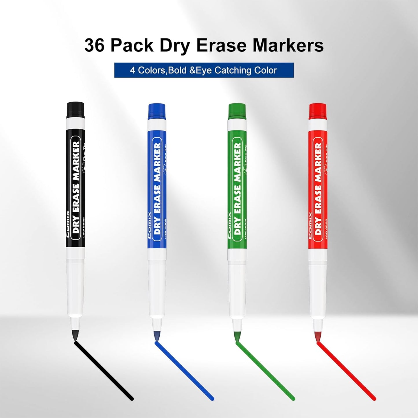 Comix Fine Tip Dry Erase Markers, Low Odor Whiteboard Markers, 36 Bulk 4 Assorted Colors Markers for Kids Teachers Office & School Supplies