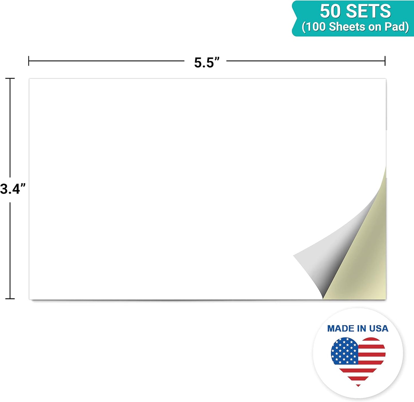 321Done 2-Part Blank Carbonless Pad, 3.4x5.5 Landscape, Made in USA, Pocket Size Carbon Copy Memo Scratch Note Pad, Sketchbook, Sales Book for Craft Boutique Business (50 Sets) White/Yellow