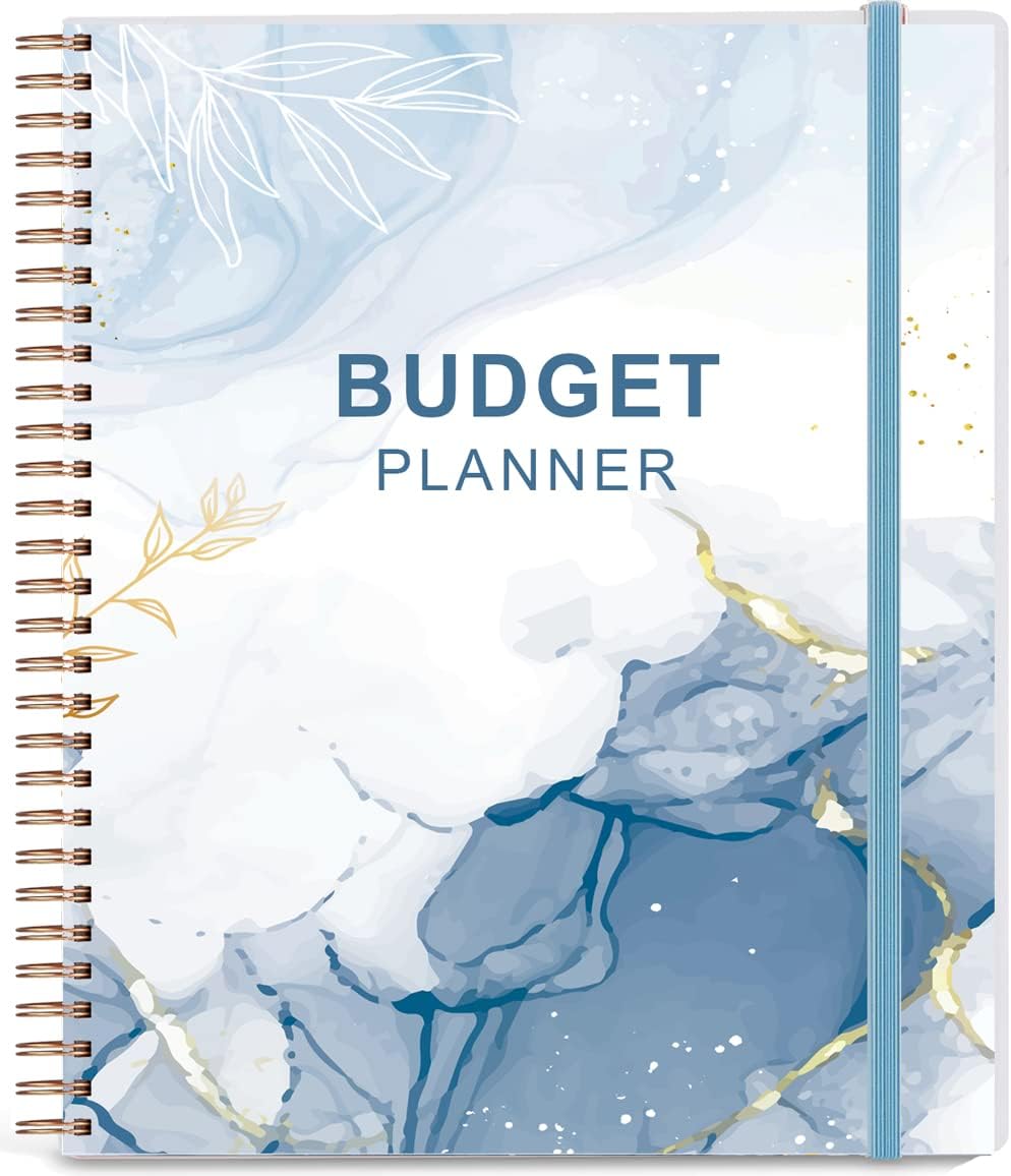 Budget Planner & Monthly Bill Organizer with Pockets. Expense Tracker Notebook, Budgeting Journal and Financial Planner Budget Book to Control Your Money, PP Cover, 8" x 9.5" – Blue Watercolor