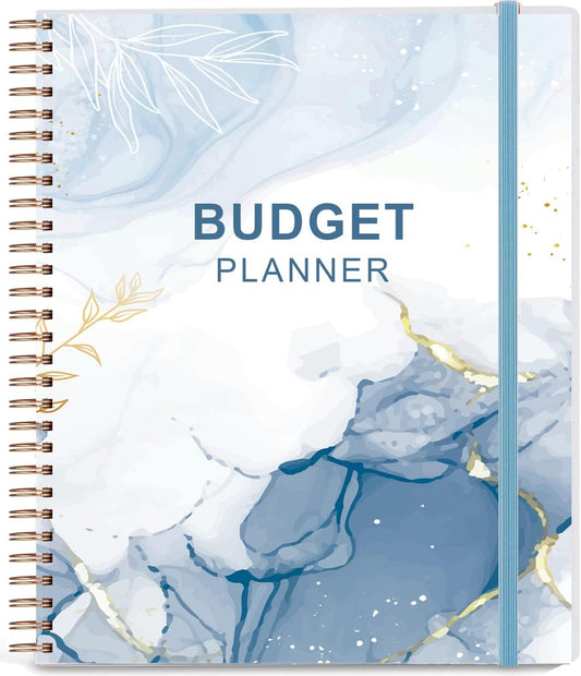 Budget Planner & Monthly Bill Organizer with Pockets. Expense Tracker Notebook, Budgeting Journal and Financial Planner Budget Book to Control Your Money, PP Cover, 8" x 9.5" – Blue Watercolor