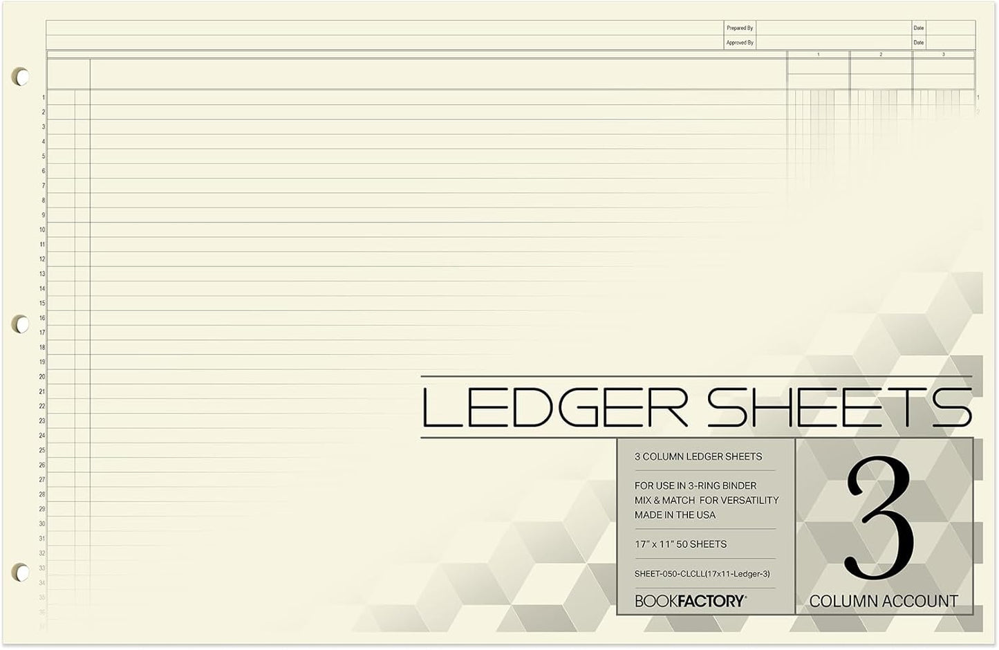 BookFactory Ledger Sheets/Large 3 Column Accounting Ledger Columnar (Three Columns) Loose Leaf Paper - 17'' x 11'', 50 Pages, Loose Leaf, 3 Hole Punched (SHEET-050-CLCLL(17x11-Ledger-3)-AX)