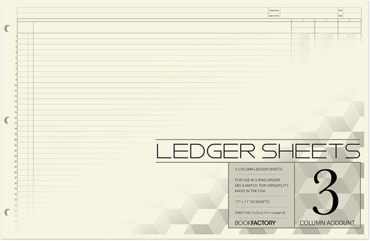 BookFactory Ledger Sheets/Large 3 Column Accounting Ledger Columnar (Three Columns) Loose Leaf Paper - 17'' x 11'', 50 Pages, Loose Leaf, 3 Hole Punched (SHEET-050-CLCLL(17x11-Ledger-3)-AX)
