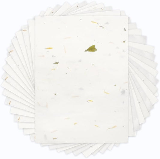 Benvo 50 Sheets A4 Natural Mulberry Paper Visible Leaves Fiber Rice Paper Printable Decoupage Tissue Paper Sheets for Writing, Painting, Card Making, DIY Crafts(8.3x11.7in, Semi Transparent Off White)