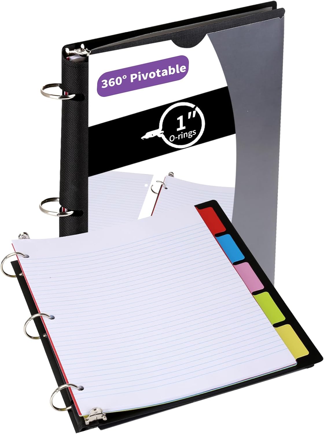 2 Pcs Pivotable Refillable Notebook, Upgraded 1 Inch 3 Ring Notebook Binder, 100 College Ruled Paper, 5 Subject Notebook with Dividers and Folder Pockets, Tabs- Black