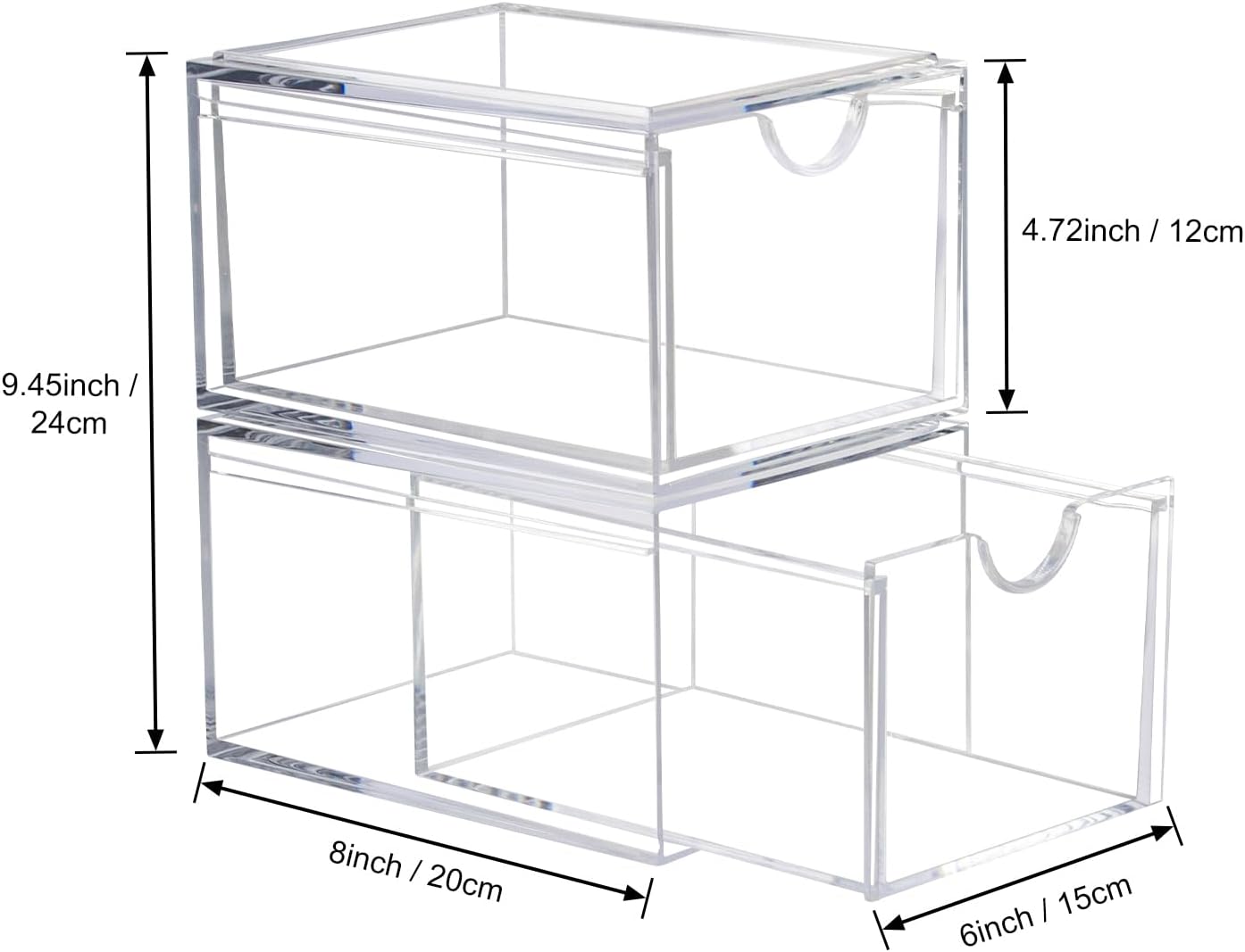 AMEITECH 2 Pack Clear Stackable Storage Drawer, Bathroom Makeup Organizer, Plastic Storage Bins, Acrylic Organization and Storage for Vanity, Kitchen Cabinets, Pantry, Undersink