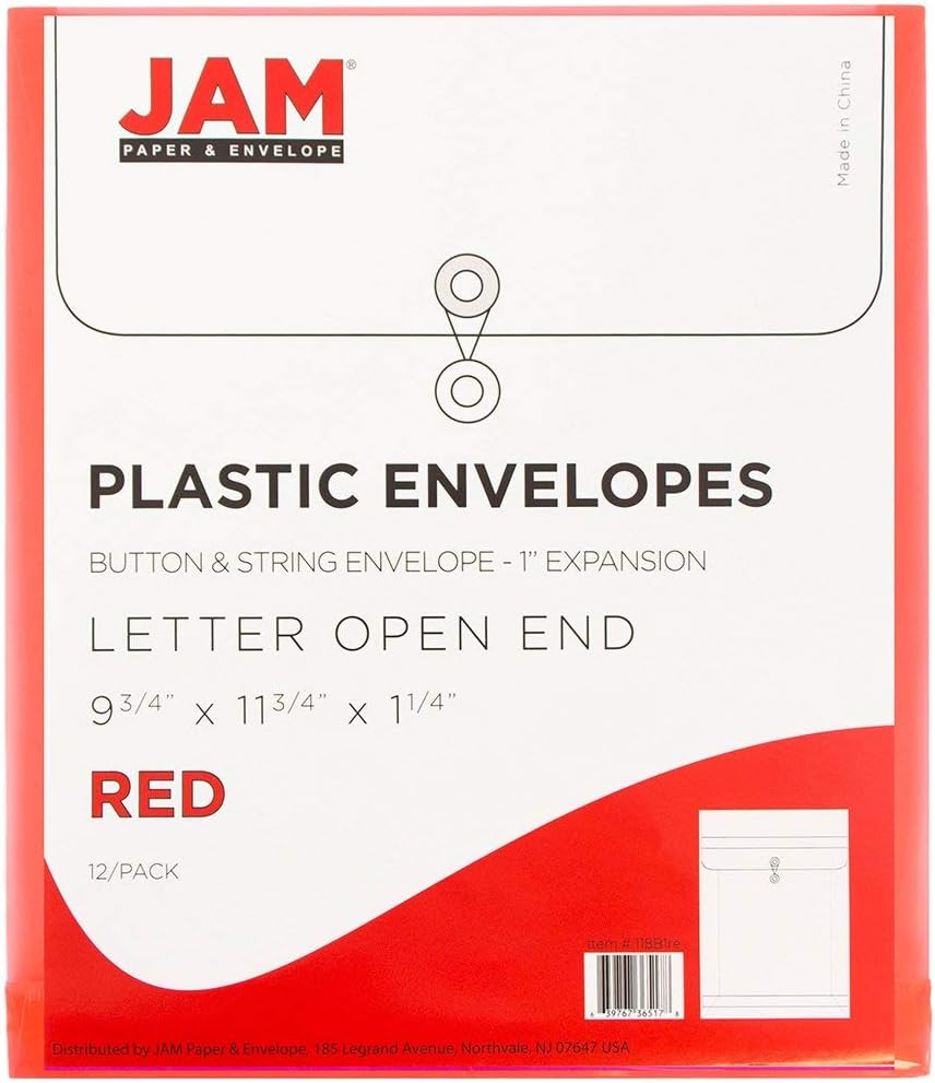 JAM PAPER Plastic Envelopes with Button & String Tie Closure - Letter Open End - 9 3/4 x 11 3/4 - Red - 12/Pack