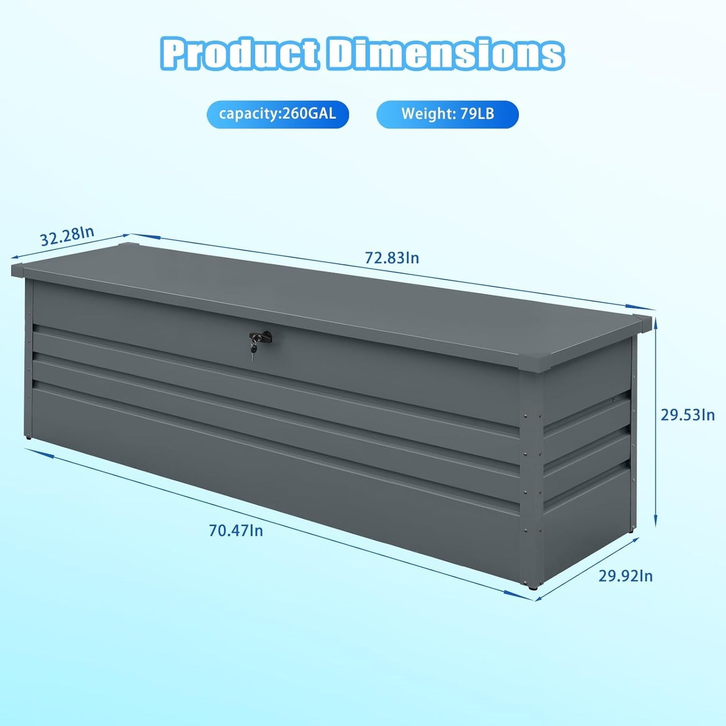 260 Gallon Waterproof Outdoor Storage Box, Extra Large Outside Metal Deck Storage Box for Patio Cushions, Garden Tools, Pool Supplies
