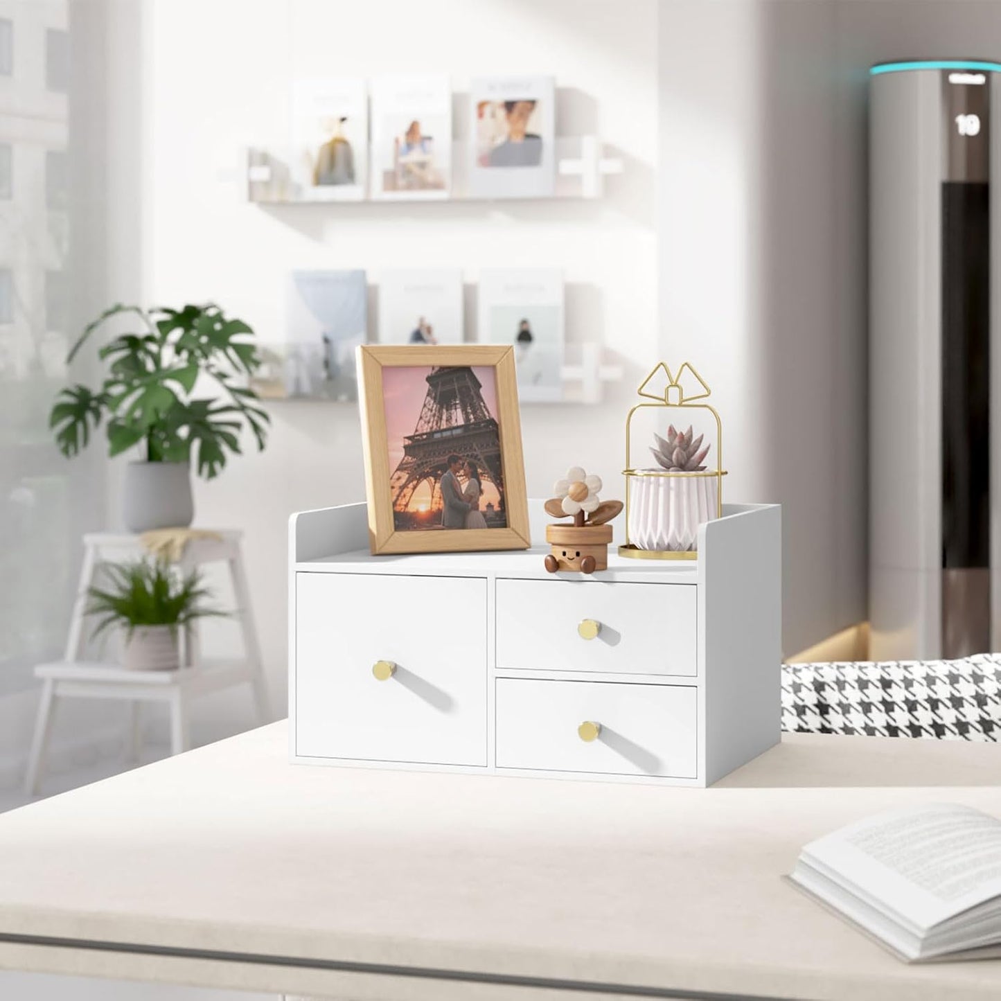 Bamboo Desk Organizer with Drawers Wooden Desktop Storage Organization Box for Bills Office Supplies Kitchen Utensils Organizing Tool for Home Classroom Vanity, No Assembly Required (3 Drawer, White)