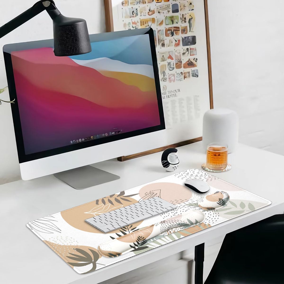 4-in-1 Large Mouse Pad, Keyboard Wrist Rest Pad & Wrist Support Mousepad Set, Extended Desk Pad Waterproof Desk Mat for Home Office Study Game - Leave