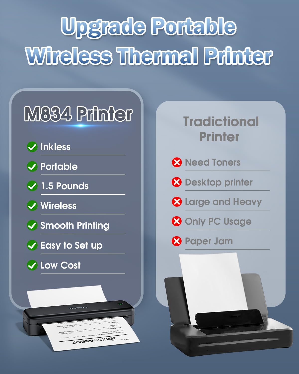 Phomemo M834 Portable Printer Wireless for Travel Upgraded, Bluetooth Thermal Printer 8.5" x 11"&A4, Compatible with iOS,Android & PC,Inkless Mobile Printers for Travel,Office,School,Home,Black