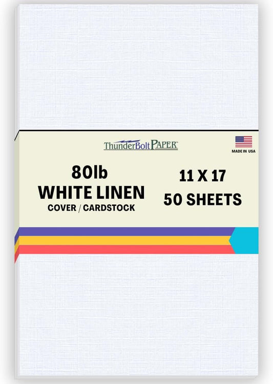 50 Bright White Linen 80# Cover Paper Sheets - 11" X 17" (11X17 Inches) Tabloid|Ledger|Booklet Size - 80 lb/Pound Card Weight - Fine Linen Textured Finish Cardstock