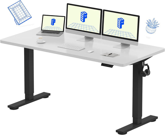 FLEXISPOT EN1 Whole-Piece Standing Desk 60"x24" Electric Height Adjustable Heavy Duty Steel Stand Up Desk Frame w/Automatic Smart Keypad (Black Frame + White Top, 2 Packages)