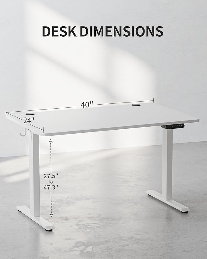 FEZIBO One-Piece Standing Desk Adjustable Height Stand up Home Office Desk, 40x24 Inch Electric Standing Computer Desk, with 4 Memory Presets, Fixable casters, White