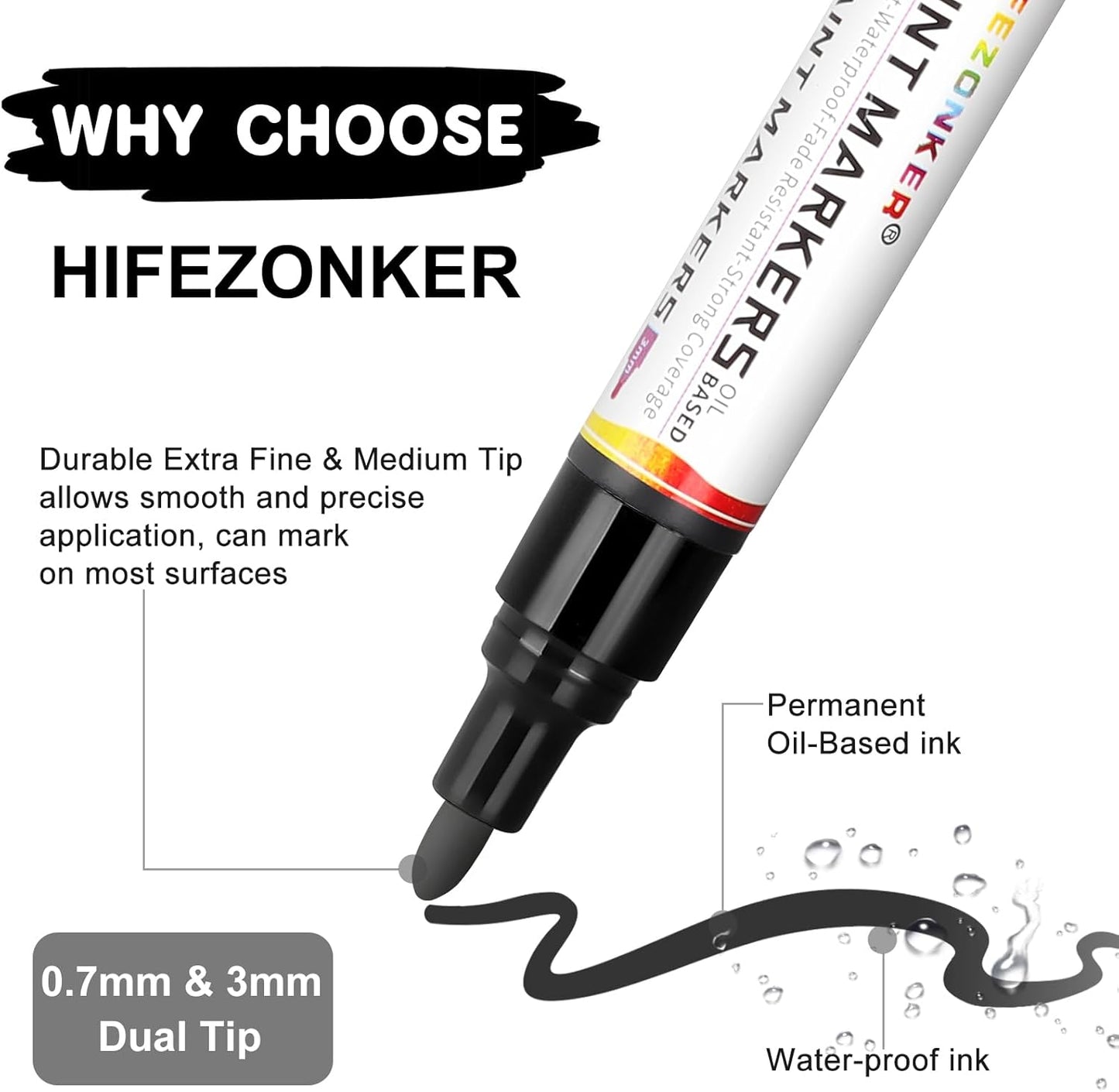 Black Paint Pen Paint Marker - 8 Pack Dual Tip Oil Based Permanent Markers, Extra Fine Tip & Medium Fine Tip (0.7mm & 3mm), Quick Drying, Waterproof, Marker Pen for Fabric (8 Black)