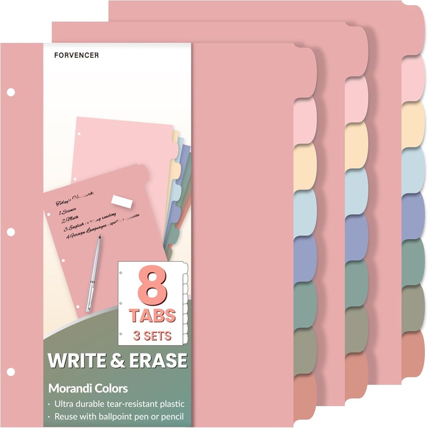 Forvencer 8-Tab Binder Dividers with Tabs, Big Tabs, Write&Erase Plastic Dividers for 3 Ring Binder, Binder Tabs for Organizers, 3 Ring Binder Dividers with Tabs for School Office (Muted, 3 Set)