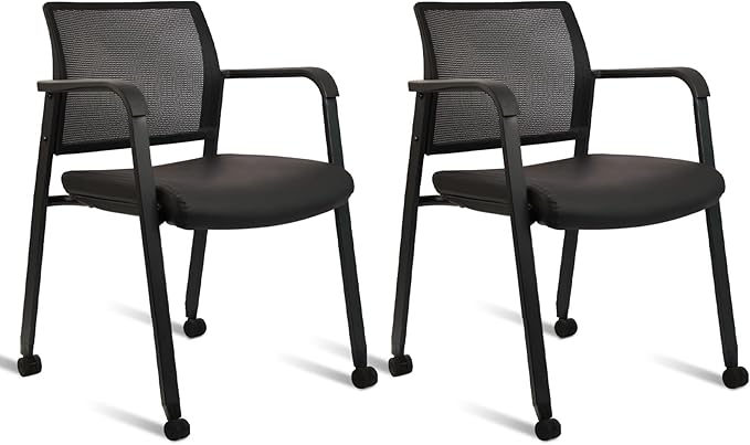 CLATINA Stacking Office Chair with Wheels, Mesh Back Waiting Room Guest Chairs with Arms Comfortable Leather Cushion Stackable Desk Chair for Conference Reception School Side Stationary, Black, 2PK