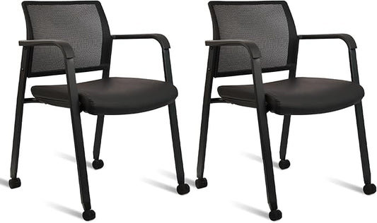 CLATINA Stacking Office Chair with Wheels, Mesh Back Waiting Room Guest Chairs with Arms Comfortable Leather Cushion Stackable Desk Chair for Conference Reception School Side Stationary, Black, 2PK