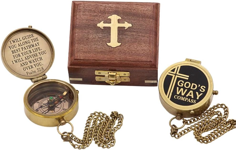 God's Way Solid Brass Engraved Compass - Psalm 32:8, Directional, Baptism & First Communion Gifts for Boys & Girls, Christian Gifts for Men & Boys