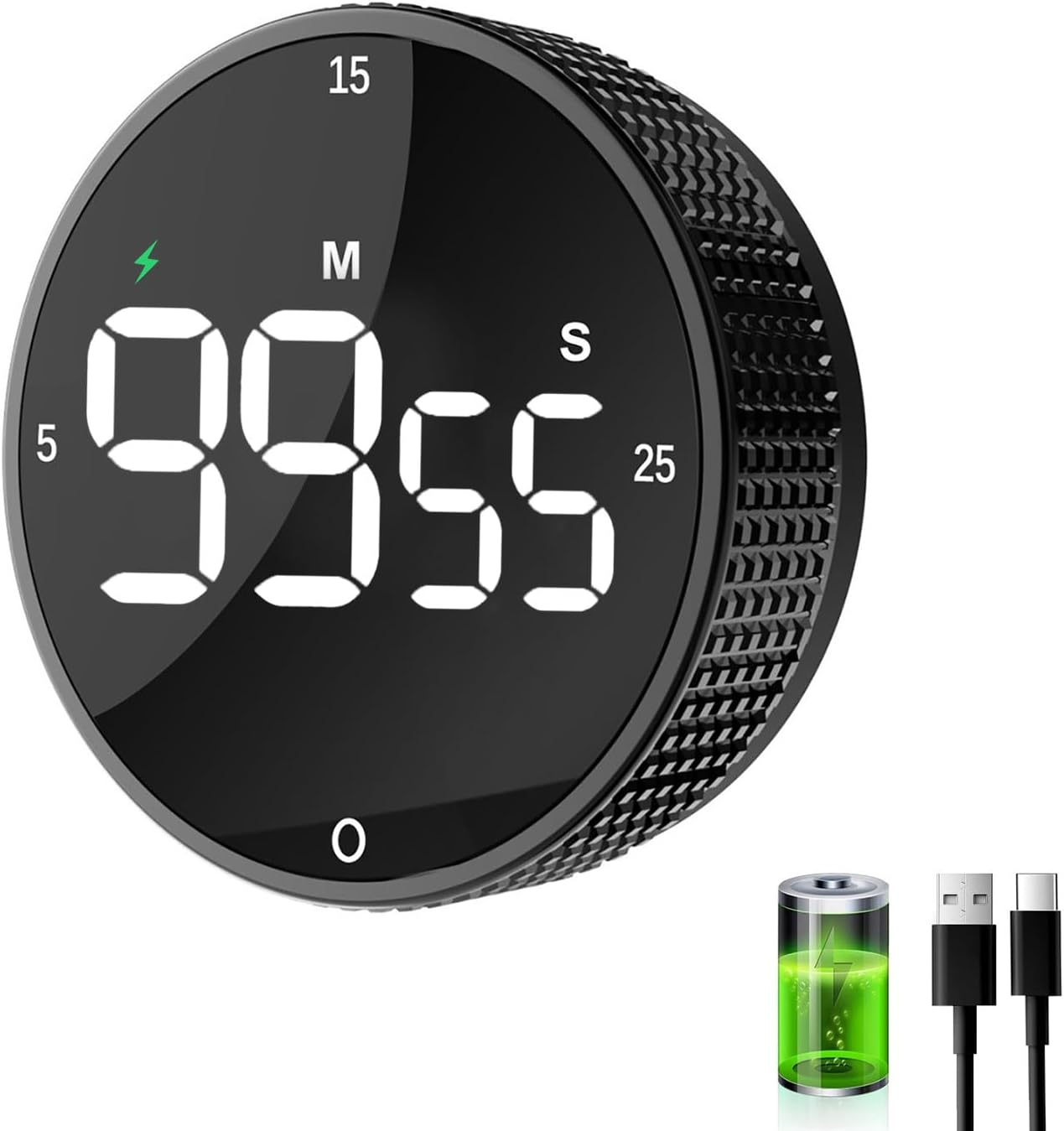 Rechargeable Magnetic Digital Kitchen Timer-Loud Alarm Visual Productivity Timer&Pomodoro Timer with Large LED Display,3 Presets(5/15/25min),3 Volume Levels.Ideal for Cooking Fitness&Office Use