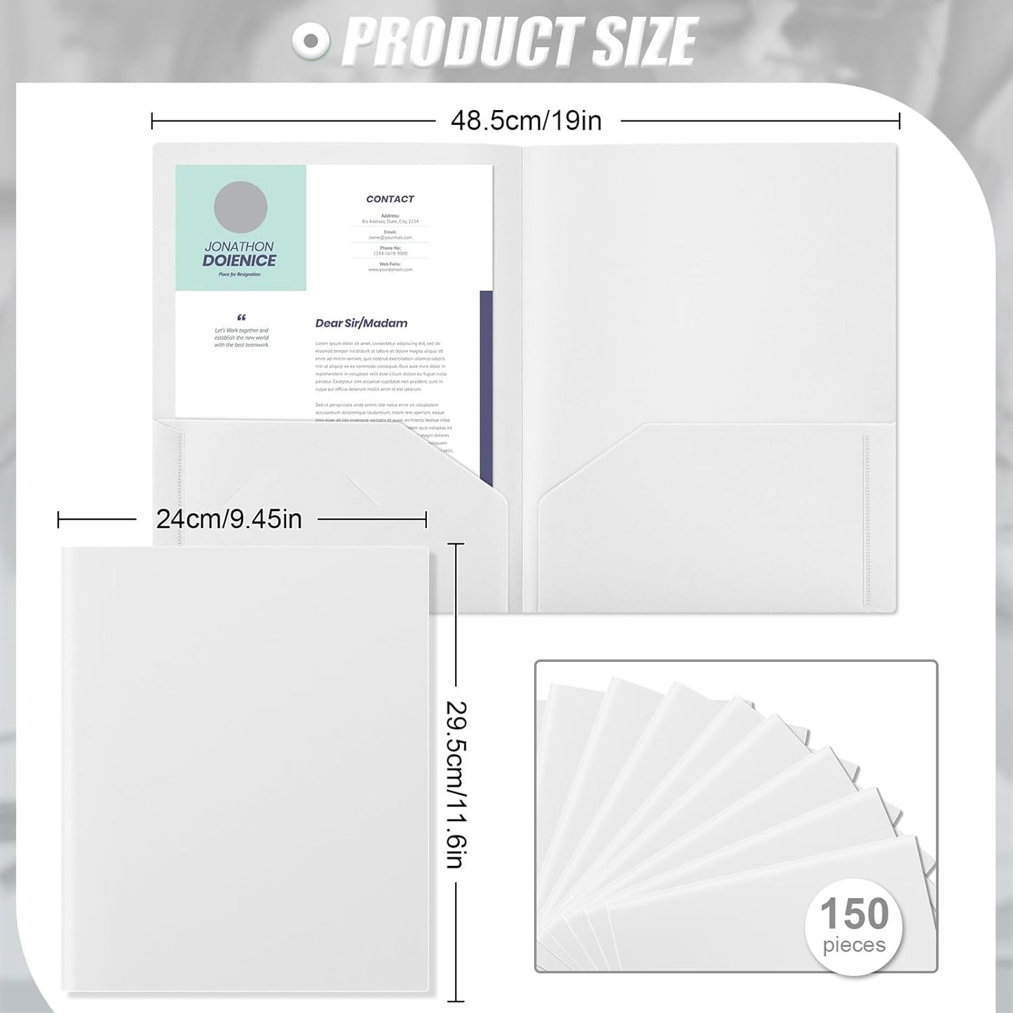 Gueevin 150 Pcs Plastic Folders with Pockets, Two Pocket Folder Fit 8.5 x 11 Inch Letter Size Paper, Heavy Duty School Folders Business Card Holder for Home Office School Bussiness (White)