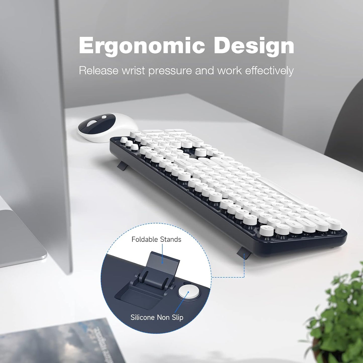 Wireless Keyboard and Mouse, Typewriter Full Size Keyboard with Number Pad and 2 in 1 USB Connected Mouse for Windows 7/8/10, Laptop, Desktop, PC, Computer (Dark-Blue)
