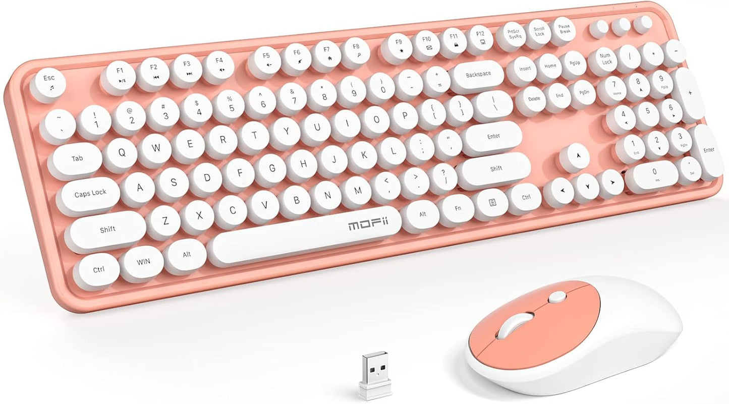 MOFII Wireless Keyboard and Mouse Combo, Computer Full Size 2.4G Plug and Play Wireless Typewriter Retro Round Keyboard and Mouse Set for Windows, Computer, Desktop, PC, Notebook - (Light Orange)