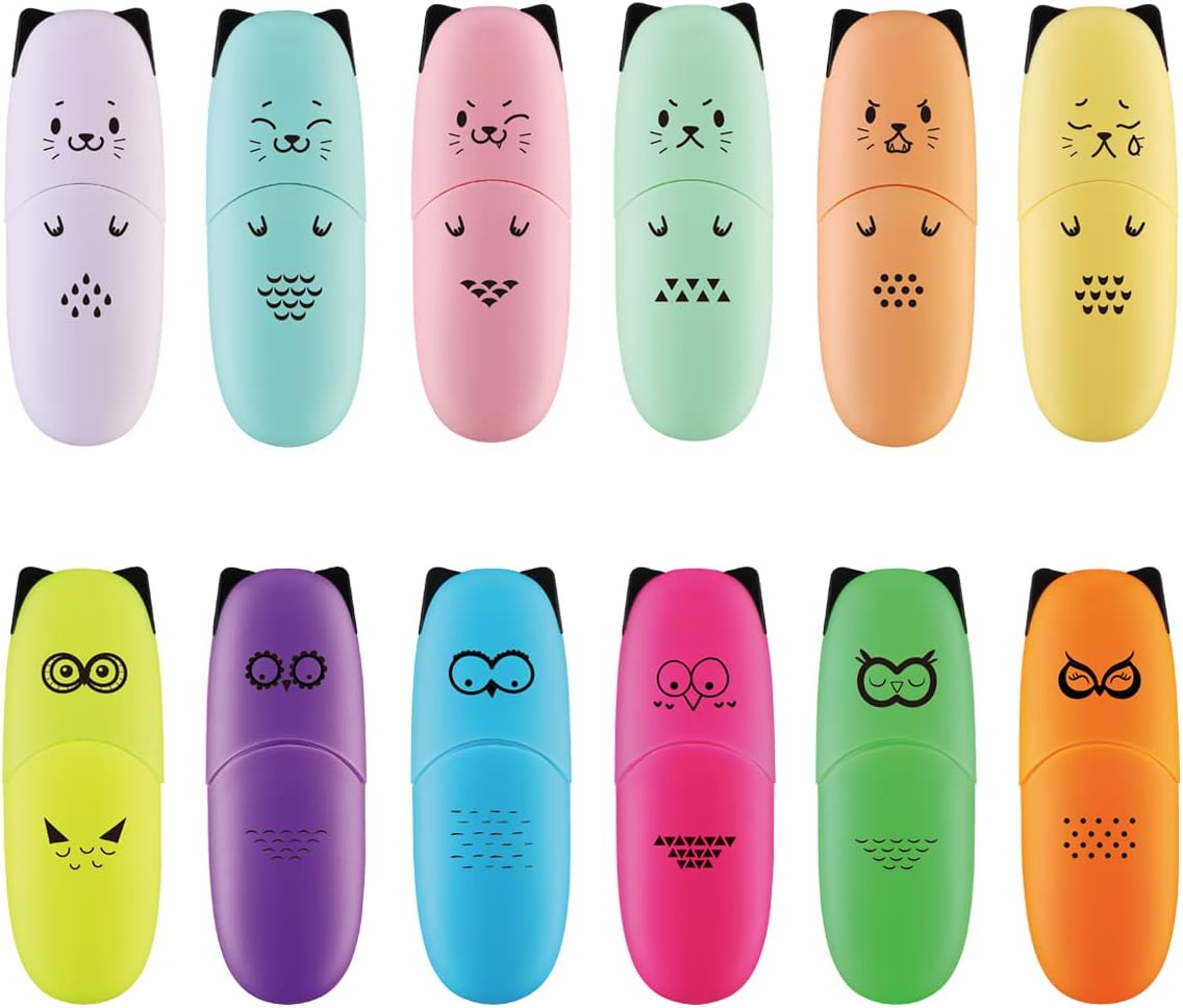 12 pieces Cute Animal Design Vet Tech Week Gifts Mini Highlighter Pen Assorted Colors Chisel Tip Gift Highlighter Marker - stocking stuffers for kid - kawaii stuffs
