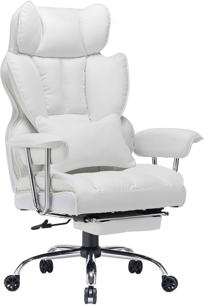 Efomao Big and Tall Office Chair 400lbs – High Back PU Leather Executive Chair with Lumbar Support, Footrest, Swivel Base, Padded Armrests, and Rolling Wheels for Home Office, White Computer Chair