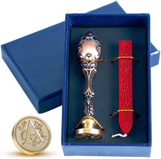 Wax Seal Stamp kit, Envelope Wax Seals DIY Kit - Retro Sealing Wax Candle + Classic Initial Alphabet Seal Wax Seal Stamp Letter A - in Blue Gift Box