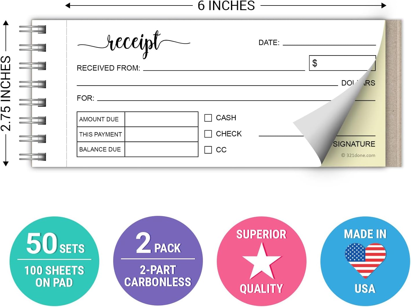 321Done 2-Pack Spiral Receipt Book, Made in USA - 2-Part Carbonless Spiral Bound 2.75x6, Receipt Book with Carbon Copies for Small Business - 100 White/Yellow Sets