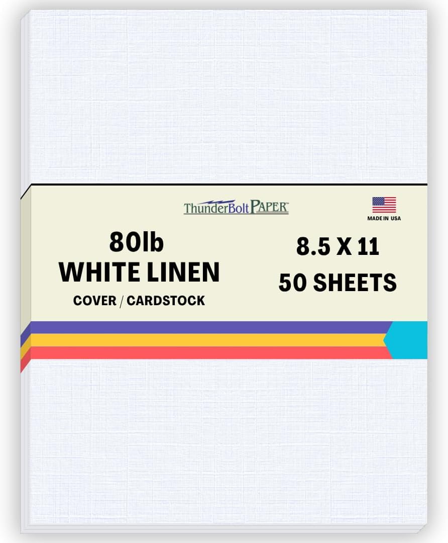 50 White Linen 80# Cover Paper Sheets - 8.5" X 11" (8.5X11 Inches) Standard Letter|Flyer Size - 80 lb/pound Card Weight - Fine Linen Textured Finish