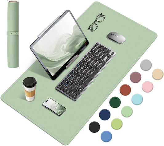 Dual-Sided Desk Pad, Natural Cork & PU Leather Mouse Pad for Desk, Desk Pad Protector, Non-Slip Desk Mat for Office and Home Work, (Light Green, 23.6" x 13.7")