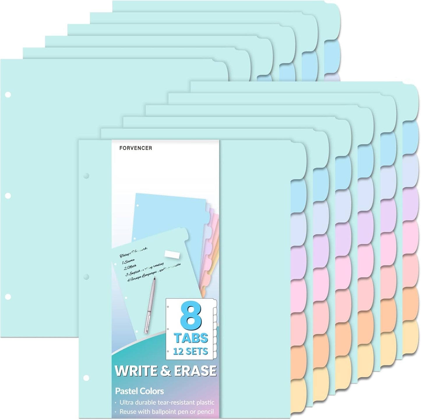 Forvencer 96Pcs/12Set Binder Dividers with Tabs, Big 8 Tabs, Write&Erase Plastic Dividers for 3 Ring Binder, Binder Tabs for Organizer, 3 Ring Binder Dividers with Tabs for School Office Home Supplies