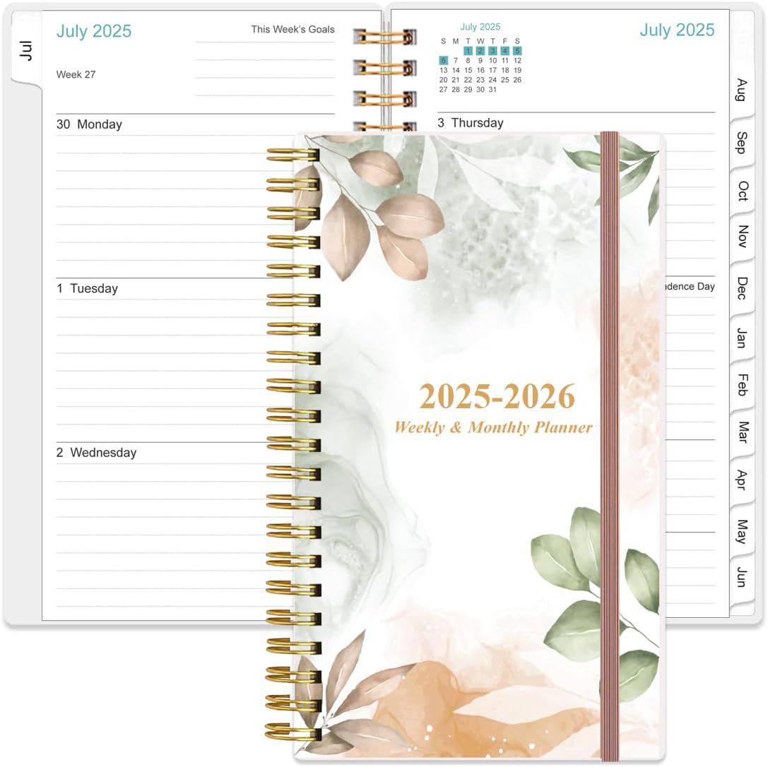 2025-2026 Pocket Planner/Calendar - 25-26 Planner from July 2025 - June 2026, Planner 2025-2026 with 12 Tabs, Twin-Wire Binding, Inner Pocket, 3.75" x 6.75, Rose Leaf