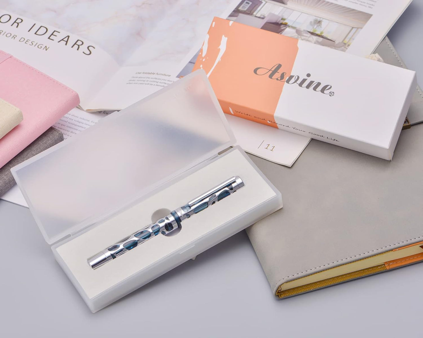 Asvine V169 Vacuum Filling Fountain Pen Extra Fine Nib, Water Drop Skeleton Transparent Gray Blue Acrylic Pen Case Set