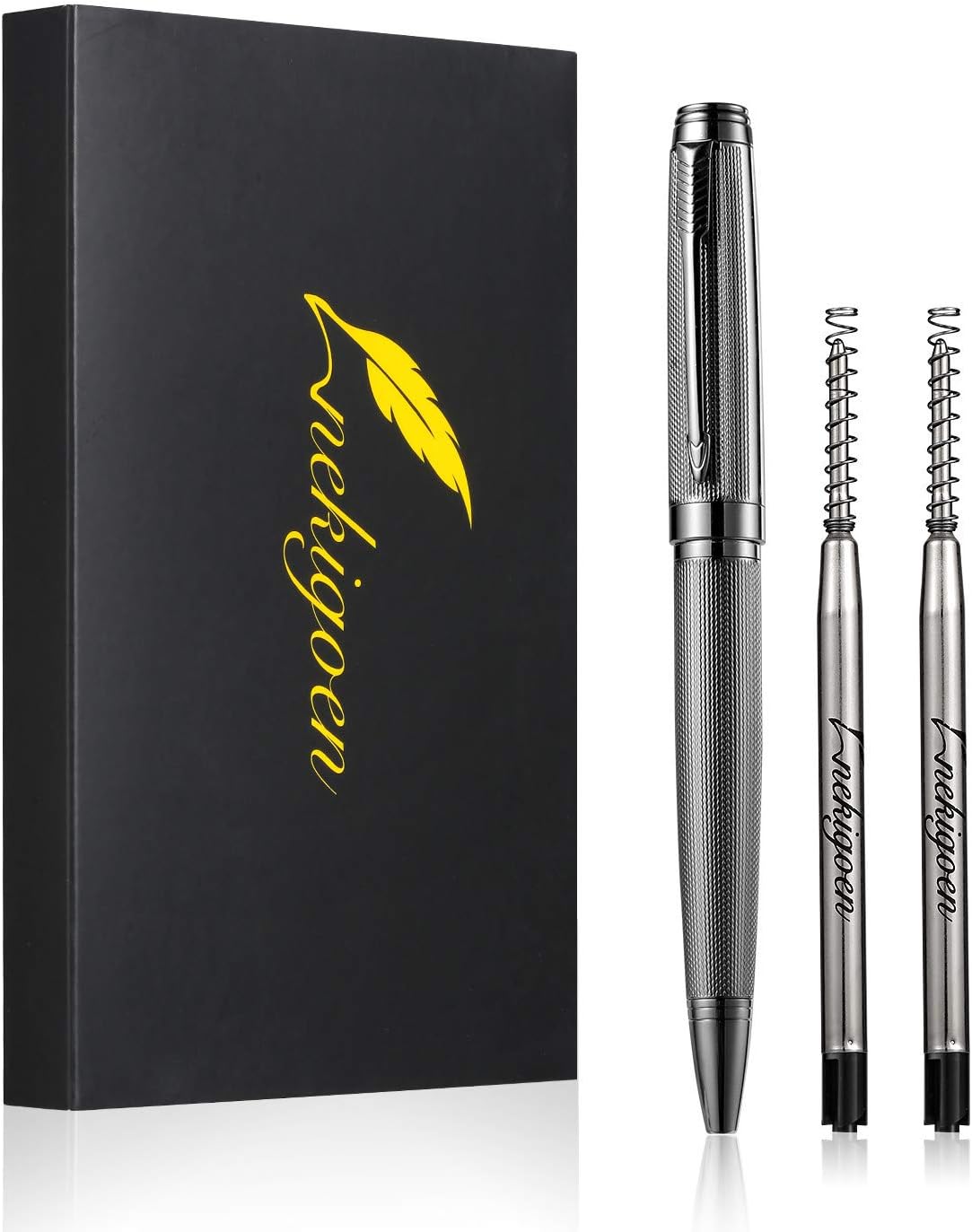 Ballpoint Pen with Gift Box for Men Women,Luxury Stainless Steel Retractable Pen Executive Home Office Use, and 2 Extra Refills Black Ink 1.0mm B2 (full gray)